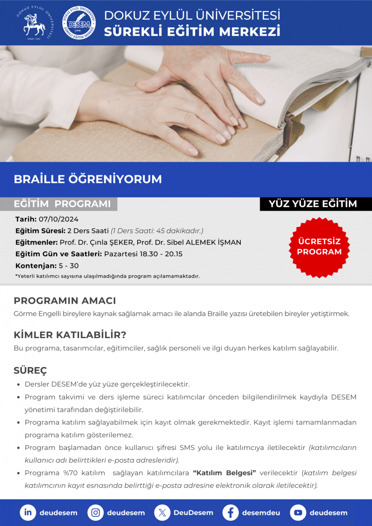 Braille Öğreniyorum Eğitim Programı DESEM